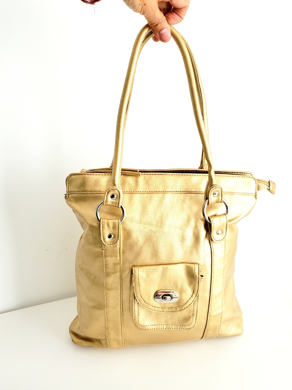 Hot Kiss Metallic Gold Tote with Front Pocket